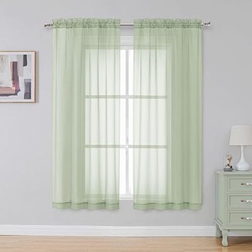 Simplebrand Light Green Sheer Curtains 63 Inch Length 2 Panels, Rod Pocket Solid Color Window Sheer Curtain Panels, Elegant Curtains & Drapes for Living Room, Bedroom 2 Panels, 42" W x 63" L