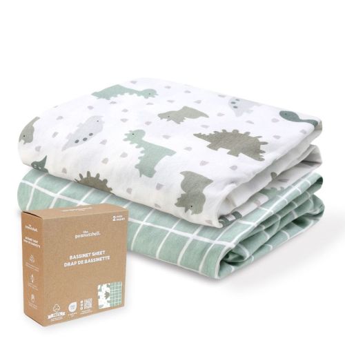 The Peanutshell Sage Dino, Windowpane Organic Cotton Bassinet Sheets for Baby Boys, 2 Pack