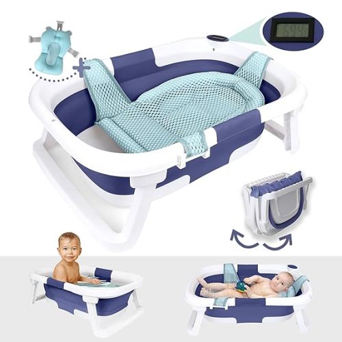 BEBELEH™ Collapsible Baby Bathtub with Thermometer – Bathtub + Baby tub Sling + Newborn Sling – Baby Bathtub Newborn to Toddler 0-24 Months – The Ultimate Baby Bath tub! (with Thermometer,Blue)