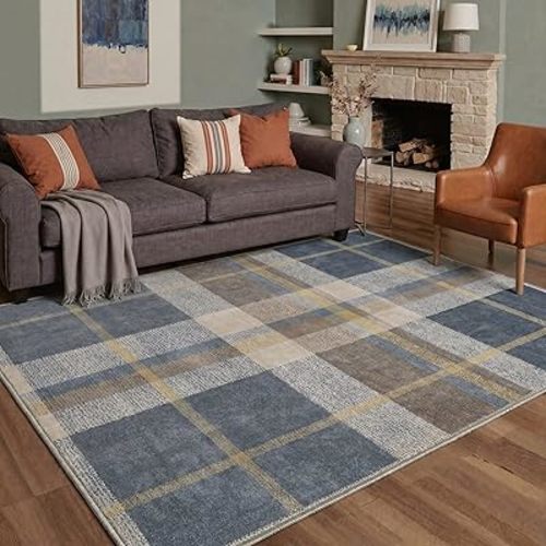 Bavni 5x7 Washable Rug Non Slip Backing Low Pile Plaid Print Area Rug for Living Room Bedroom Dining Room, Dusty Blue