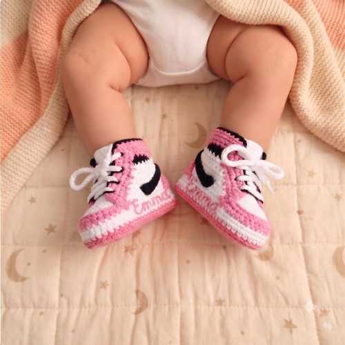 Crochet Baby Sneaker Booties, Custom Name Crochet Infant Sneakers,  Newborn Baby Shower Gifts, Pink Newborn Shoes, Handmade Baby Shower