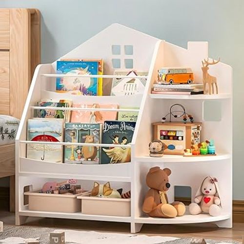 3 Tier Kids Bookshelf Bookcase, House Shape Book Shelf for Kids Rooms Nursery, Montessori Bookshelf, Kids Book Shelf and Toy Storage for Toddler Children, White