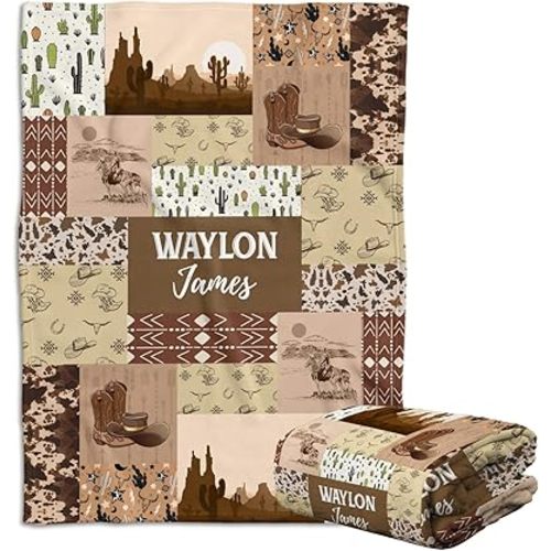 Western Baby Blankets - Personalized Skull Cactus Designs for Boys & Girls, Custom Names, Fleece Material, Infant to Toddler Sizes