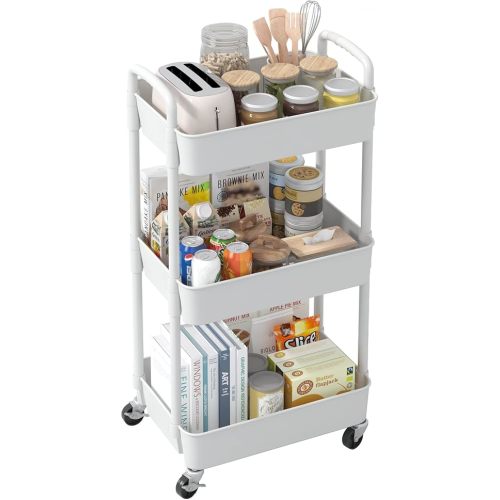 Sywhitta 3-Tier Plastic Rolling Utility Cart with Handle, Multi-Functional Storage Trolley for Office, Living Room, Kitchen, Movable Storage Organizer with Wheels, White