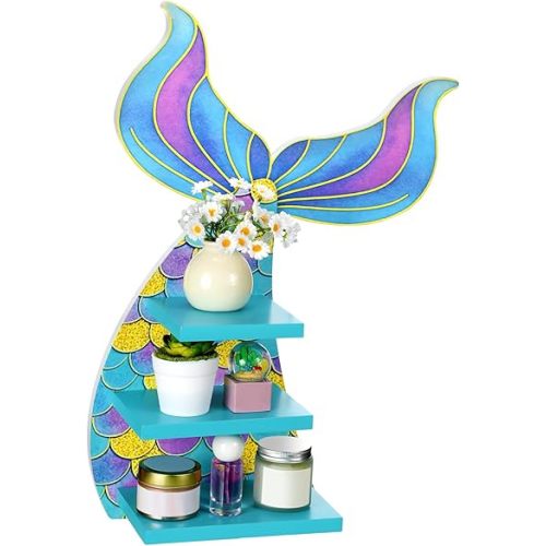 Bencailor Wall Decor Shelf Bedroom Hanging Shelf Wall Mounted Wooden Floating Bathroom Decor for Girls Bedroom Nursery Gift (Blue Mermaid)