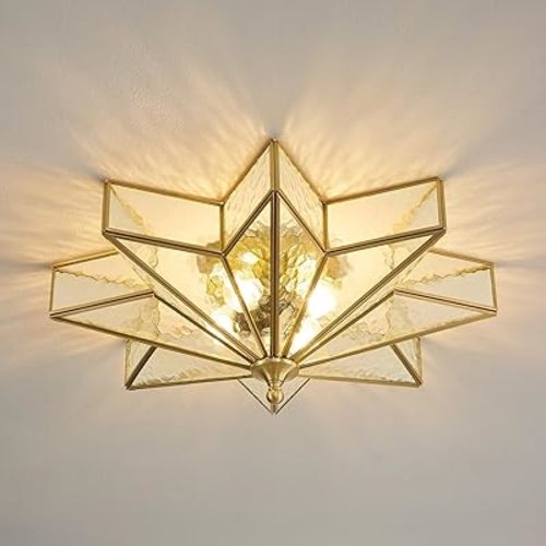 Gold Brass Star Wall Sconce: 20 Inch Glass Semi Flush Mount Ceiling Light - Art Decor Bronze Lighting Fixtures - Mid Century Vintage Lights for Bedroom Kitchen Dining Room Entry Foyer Outdoor Porch