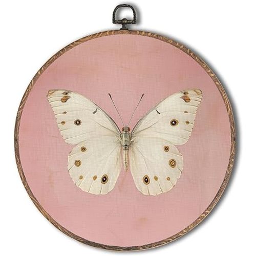 Tzhim Pink Vintage Butterfly Round Wall Art, Neutral Moody Butterfly Round Wall Decor Framed, Retro Moth Canvas Wall Sculptures for Home Bedroom Living Room Decor, 10x10 Inch