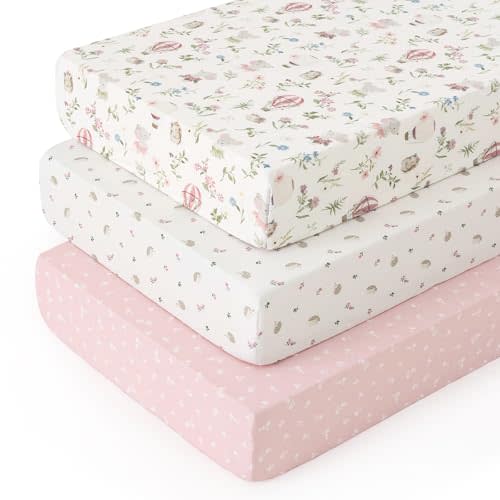 PHF 3 Pack Soft Floral & Animal Crib Sheets Fitted, Comfy Breathable Baby Sheets for Boys Girls, 28x52 Inches Fits Standard Crib and Toddler Mattresses, Floral & Animal