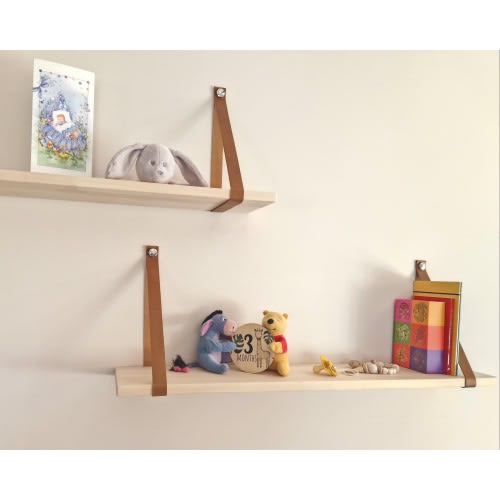 Nursery Decor Shelf, Minimalist Wall Decoration, Bookshelf, Wooden Floating shelf with leather straps, Natural wood shelf, 5 size options,