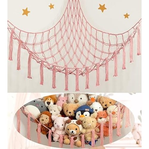 Stuffed Animal Storage Hammock or Net Corner - Large Toy Hammock Net for Stuffed Animals Room Decor - Cute Stuff Animal Organizer Plush Holder - Kids Baby Nursery Essentials Wall Bedroom Home Decor
