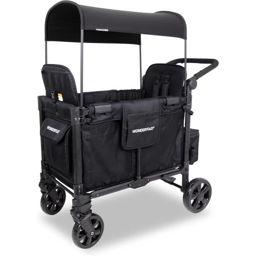 WONDERFOLD W2 Elite Pro Stroller Wagon (2 Seater) - Collapsible Wagon Stroller with Seats with 5-Point Harnesses, Adjustable Push Handle, and Adjustable Sun Canopy, Jet Black