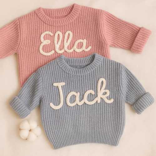 Personalized Baby Name Sweater, Pink Baby Girls Sweater, Custom Knit Sweater With embroidered Name, Baby Girls Boy Shower Gift, Newborn Gift