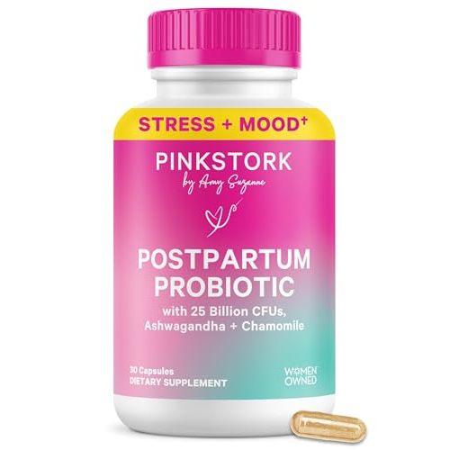Pink Stork Probiotics for Postnatal Women - 30 Billion CFUS with Ashwagandha and Chamomile, Postpartum Essentials for Hormone Balance, Mood Support, Gut Health, Digestive Wellness, 30 Capsules