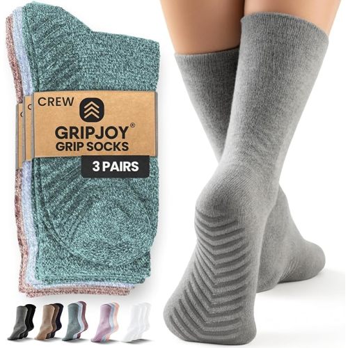 Gripjoy Grip Socks for Women, Grippy, Non Slip, Gripper Socks for Women & Men, Pilates, Yoga, Hospital, 3 Pairs, Crew