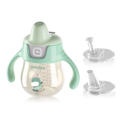 POTATO Sippy Cups For Toddlers with Straw Spill Proof, PPSU Learner Cup with Handle for Babies, Water Bottle for Baby 6 Months with 2 Type of Spout, 6 Ounce Green