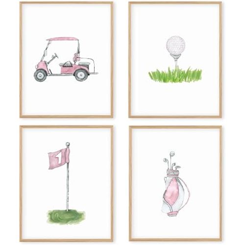 Boat Wades Pink Golf Nursery Decor Unframed Wall Art Prints,Golf Flag Posters & Prints For Home Boys Girls Room Decor,Pink Sports Nursery Posters Pictures 8x10 Set Of 4