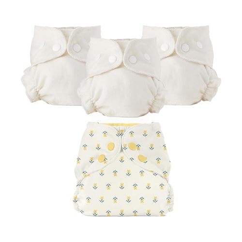 Esembly Cloth Diaper Bundle Set - 3 Organic Cotton Absorbent Inners and 1 Waterproof Outer Diaper Cover - Reusable, Washable, Snap Closure Cloth Diapers - Size 2 (18-35lbs), Buds