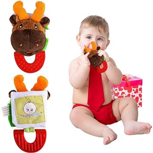 Wristy Buddy Teething Ring for Babies 0-6 8 10 12 Months | Cute Soft Moose Animal Teething Toys & Gloves | Baby Teething Relief Toy Pack | Infant Chew Toys for 3-6 Months, 1 2 3 Years