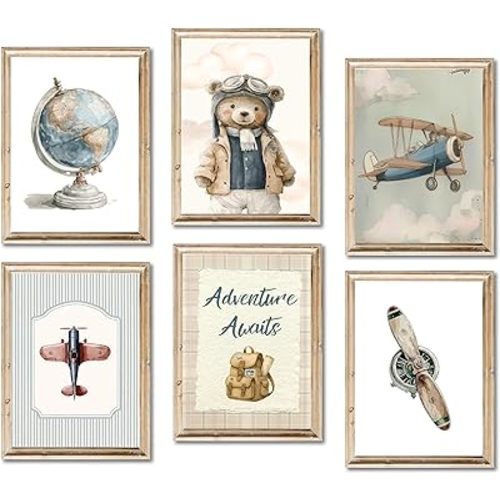 6Pcs Vintage Baby Boy Nursery Wall Art Blue Teddy Bear Airplane Travel Pictures Wall Decor Nursery Aviation Poster Prints for Bedroom Playroom Kids Room Home Decoration 12"x16" Unframed