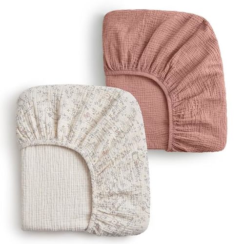 Blissful Diary Muslin Crib Sheets for Girl Boy, Boho Neutral Soft Cotton Baby Sheet for 52''x28'' Standard Crib Mattress, 2 Pack(Dusty Pink&Rainbow)