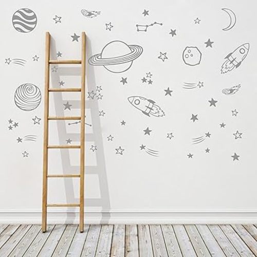 Space Wall Decals Stars Planets Shooting Stars Rocket Wall Stickers Nursery Decor Vinyl Wall Art for Kids Room Y79 (Gray)