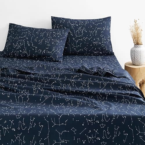 Wake In Cloud - Constellation Bed Sheets, 4-Piece Sheet Set, Celestial Space Witchy Star Galaxy Astrology Bedding, Deep Pocket, Navy Blue, Twin XL Size