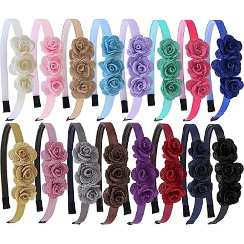 XIMA 16pcs Small Rose Flower Headbands for Girls Toddlers Kids Teens Children and Women,Girls Hair Bands Made of 3pcs Fabric Rose Flower for Hair Accessories