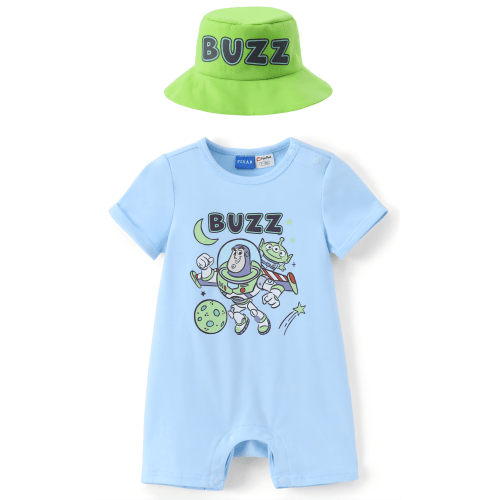 Disney Toy Story Baby Boys Buzz Lightyear Graphic Short Sleeve Romper and Bucket Hat Shower Gifts Set