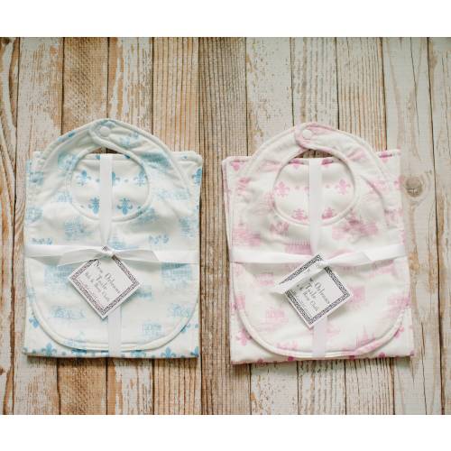 New Orleans Toile Reversible Bib or Bib and Burp Cloth in Pink or Blue