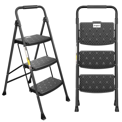 Zrigiwr 3 Step Ladder, Collapsible Non-Slip Treads Sturdy Steel Ladder, Portable Home Step Stool, Safe and Comfortable Handrail Anti-Rear Angle Safety Buckle Wide Non-Slip Treads, Holds Up to 330 LBS