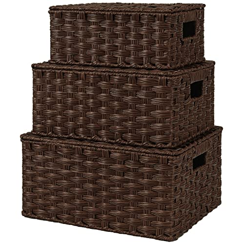 GRANNY SAYS Wicker Baskets with Lids, Decorative Storage Boxes with Lids | Woven Baskets with Lids, Wicker Baskets for Storage, Decorative Storage Boxes, Woven Stackable Basket with Lid, 3 Pack