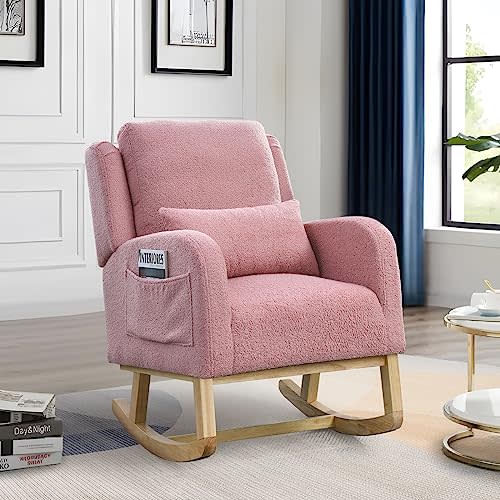Rocking Glider Chair for Nursery, Wingback Accent Rocker Chair Upholstered Tall Back Arm Chair w/Side Pockets, Modern Leisure Single Sofa for Living Room, Hotel, Bedroom, Baby Room, Pink
