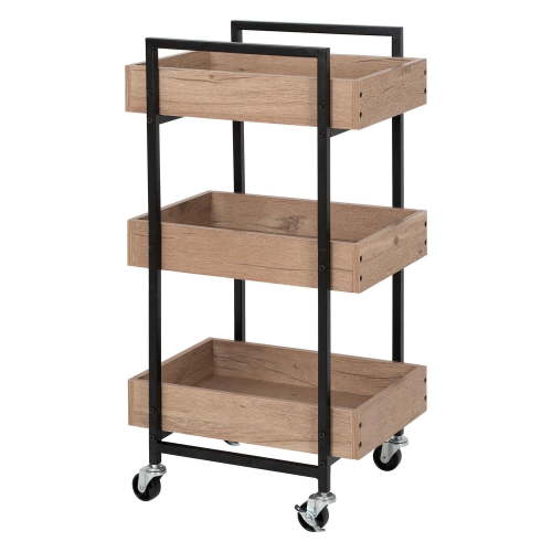 Better Homes & Gardens 3-Tier Wooden & Steel Rolling Utility Cart; Durable Metal Frame; Natural Oak and Black Metal Finish with Locking Casters., Product assembled dimensions: 17.1in L x 13in W x 31.5in H; Black powder coating - Walmart.ca