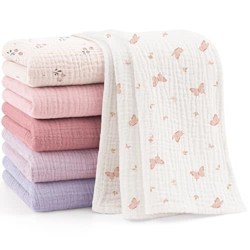 Bearmoss 6 Pack Muslin Burp Cloths for Baby, 100% Cotton Soft Large Burping Cloths for Unisex, Boy, Girl, 23.6" X 23.6" Newborn Essentials Absorbent Milk Spit Up Rags (Pink Purple)