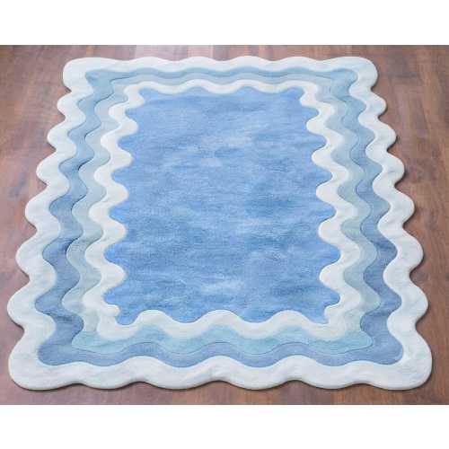 Ocean Wave Scalloped Nursery Rug, Soft Blue Coastal Kids Room Decor Playmat