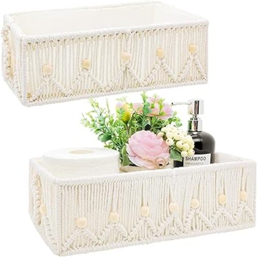 Handwoven Macrame Storage Basket Boho Decor Small Baskets for Organizing with Handle Woven Decorative for Countertop Toilet Paper Basket for Toilet Tank Top Shelf, Set of 2, Ivory (Style 2)