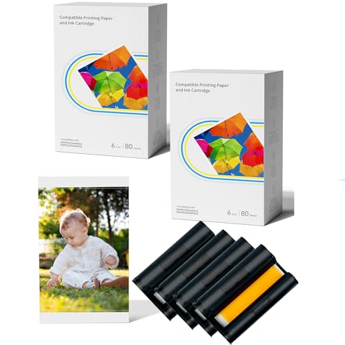 Compatible with Liene Amber M100/M200/M110/M210 4 x 6" Photo Printer 160 Sheets Photo Paper & 4 Ink Cartridges Refill, Only for DHP512/DHP513/DHP514/DHP515 Printer, Dye Sublimation, No Fade