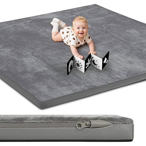 Baby Play Mat, Leather & Velvet Mat, Double-Sided/Reversible, 50x50 Playpen, 1.3" Thick Non-Toxic Cushioned, Waterproof Soft Crawling for Infants and Toddlers, Grey