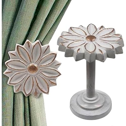 The Metal Magician Wall Mounted Floral Curtain Holdbacks (Pack of 2) - Boho Flowery Curtain Holders for Living Room, Bedroom, Office Drapes - Farmhouse Tiebacks for Curtains (White Blossom)