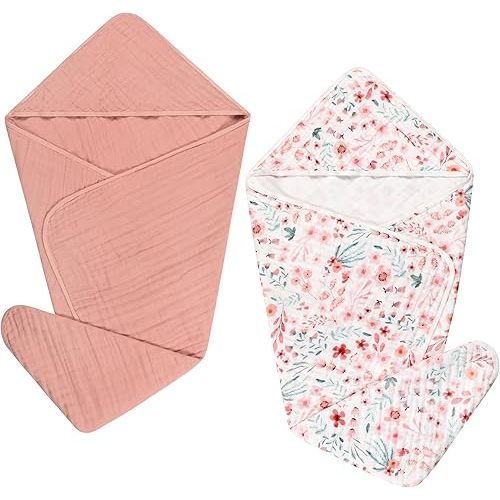 2 Pack Hooded Baby Towel Set Ultra Soft Absorbent Muslin Cotton Bath Towels 35x35 Inches for Newborns, Infants, Toddlers & Kids Ideal Baby Gift Registry Essential (Pink, 35" x 35" (90x90 cm))