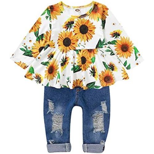CARETOO Girls Clothes Outfits Cute Baby Girl Floral Long Sleeve Pant Set Flower Ruffle Top
