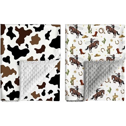 Jola's House 2 Pack Cowboy Baby Blanket Western Cowboy Gender Neutral Minky Blankets for Newborn Baby Girls or Boys Cowboy Nursery Toddler Double Layer Blanket with Dotted Backing (Western)