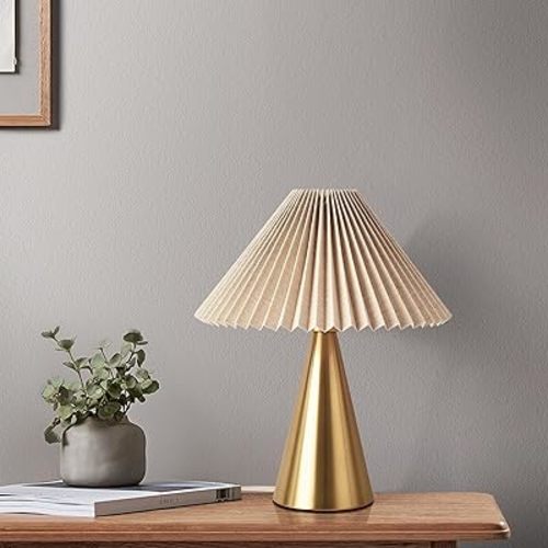 Gold Small Table Lamp, Cute Table Lamp, Pleated Table Lamp,Brass Gold Bedroom Lamps for Nightstand, Small Scalloped Lamp Shade Table Lamps for Small Spaces for Bedroom,Living Room