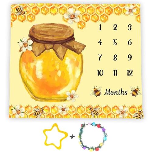 Bees Theme Baby Monthly Milestone Blanket, 48x40in Soft Flannel, Honey Jar Backgrounds, Newborn Mom Gifts, Baby Shower Age Growth Tracker with Bonus Maker BTLSFS35