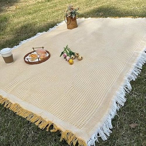 White Picnic Blanket, Extra Large Soft Cotton Gauze Picnic Rug 71"x71", Lightweight Breathable Blanket with Leather Handle, Machine Washable for Beach, Camping, Park, Couples (Yellow)