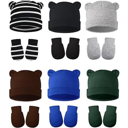 Geyoga 12 Pieces Newborn Hat Mittens Gloves Set Baby Boys Girls Cotton Baby Beanie for 0-12 Months