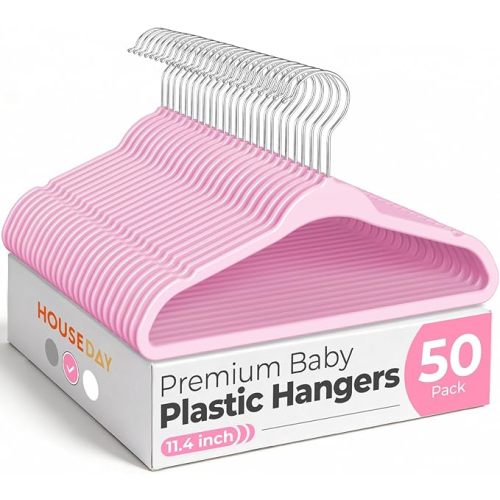 HOUSE DAY 11.4 Inch Baby Hangers 50 Pack - Plastic Kids Hangers Space Saving Thin Profile, Children Closet Organizers with Rotatable Hook of 360°, Heavy Duty for Toddler Clothes Nursery - Pink