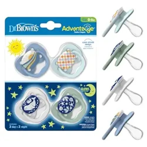 Dr. Brown's Advantage Glow-in-the-Dark Baby Pacifier, Fully Symmetrical Soother with Soft Silicone Bulb, Blue Sunrise-Blue Ocean, 0-6m, BPA Free, 4 Pack