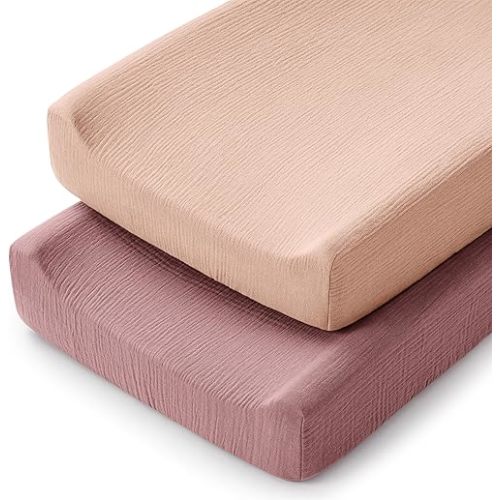 Comfy Cubs Muslin Fitted Changing Pad Cover Pack of 2, Mauve and Blush - Soft, Breathable & Washable 100% Cotton Fitted Sheet for Baby's Comfort - Universal Fit for Flat & Curved Baby Changer Pad