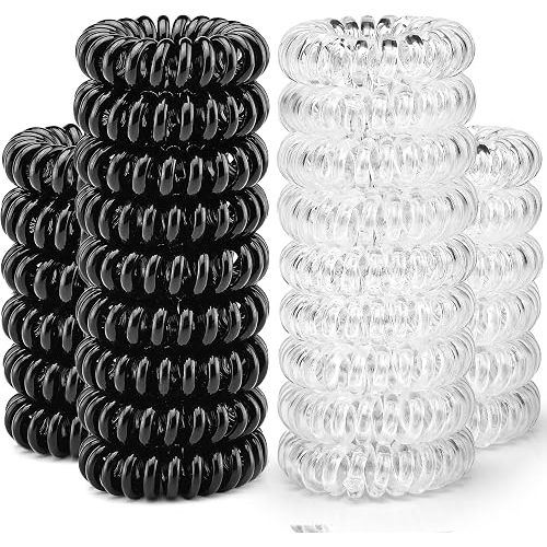 TailaiMei 30 Pcs Spiral Hair Ties, No Crease Coil Phone Cord Hair Ties for Thick Hair - Women Ponytail Holder Elastics(Black&Transparent)